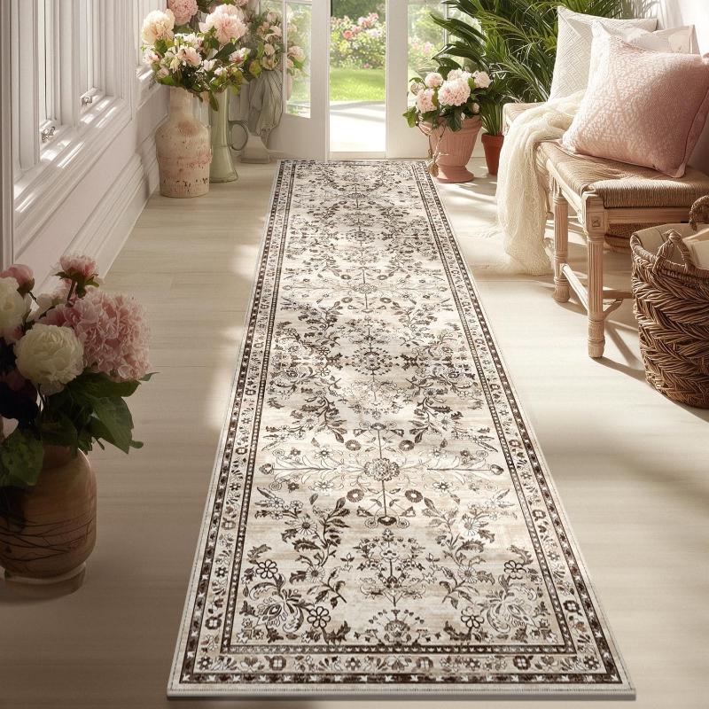 Retro Persian Flower Stripe Runner Rug Non Slip Washable Carpet for Corridor Kitchen Indoor Outdoor Home Decor