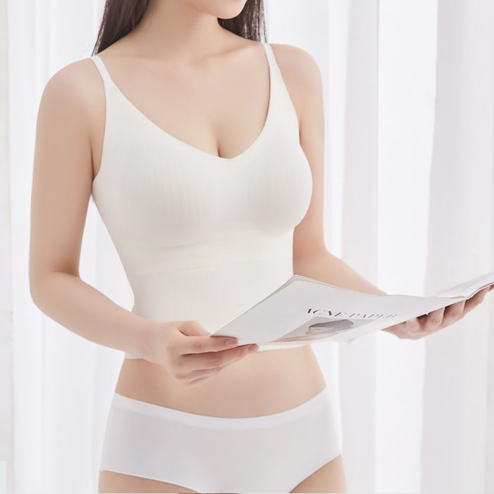 PRESSLIM Seamless Cropped Bra Camisole Cupped Adjustable Shoulder Straps (Size M/White) - Short, Camisole, Women's, Wireless, Comfortable,