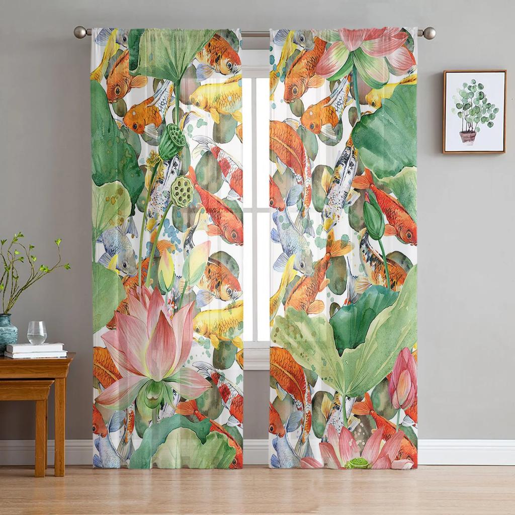 Modern Polyester Carp Chinese Style Toyo Tulle Curtains Living Room Bedroom Voile Drapes Printed Design Light Filtering Made Of Area Decor