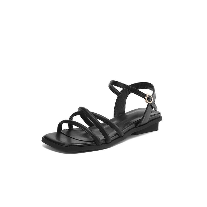 Sommer Damen Sandalen mit flacher Sohle Koreanische Version einfarbig Ein-Wort-Sandalen runde Spitze neue Schuhe in Übergröße Gummi weichsohlige Damenschuhe