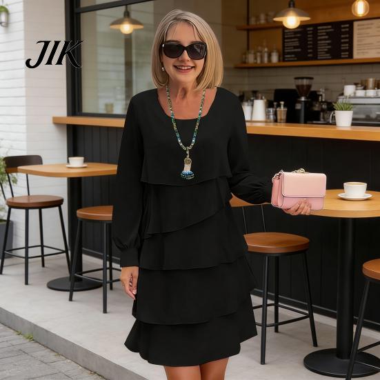 Einfarbiges Kleid Lagenlook Chiffon für Damen Langarm Rundhalsausschnitt Alltagskleidung Rüsche Stufenförmig Fließend Lässig Hochzeitsgast