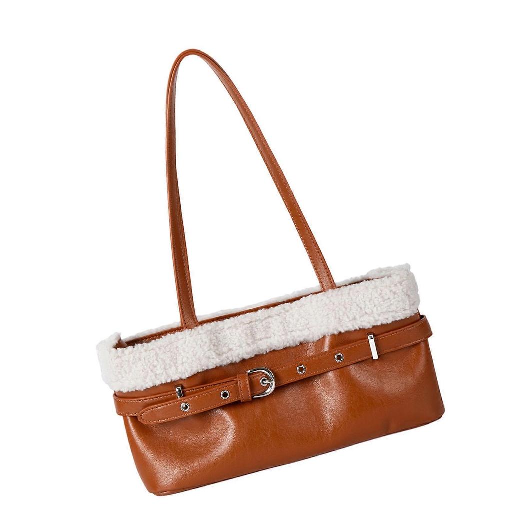 Contemporary Shoulder Bag Armpit Purse with Plush Trim Decors Elegant Underarm Bag for Commuting and Casual Travel brown
