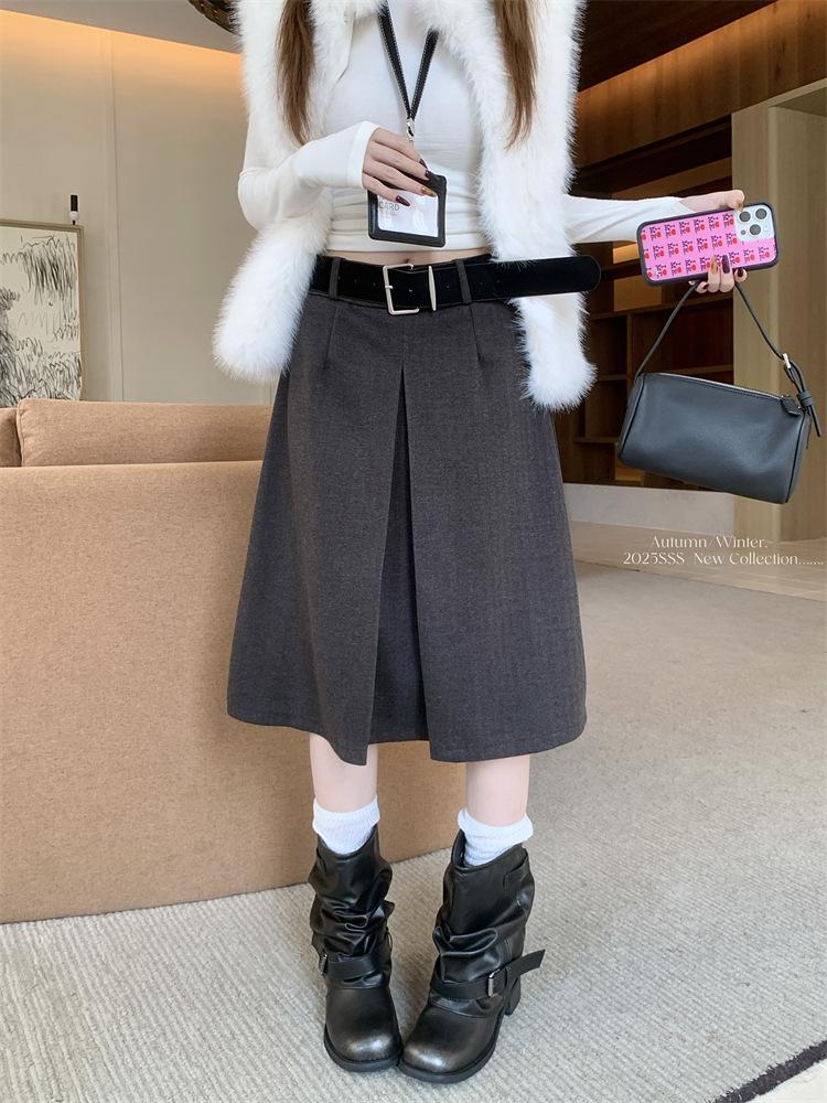 

Korean Style High Waist Woolen A-line Midi Skirt - Women s Versatile Autumn/Winter Slimming Casual Skirt S серый