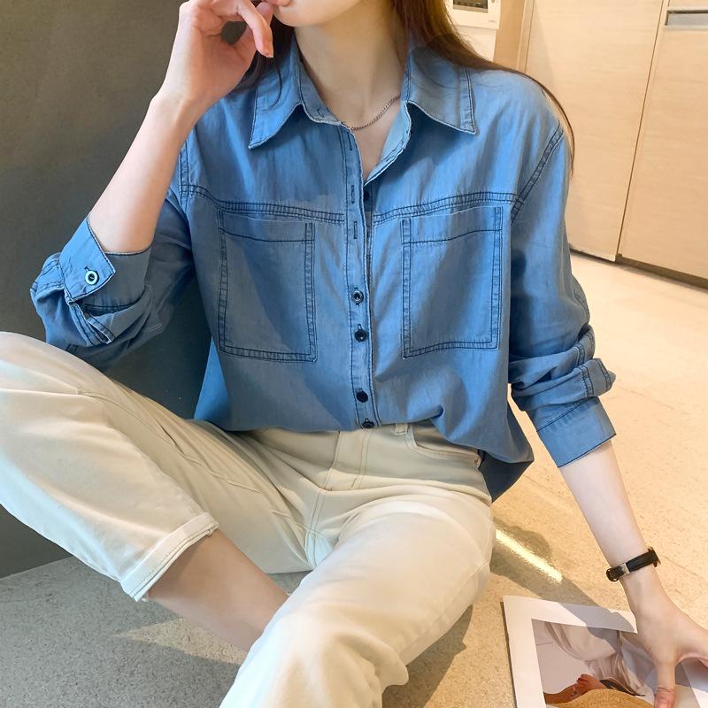 Retro Denim Shirt - Women's Spring 2024 Casual Turn-Down Collar Top