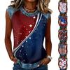 Women Sleeveless Pullover Tank Top Casual Round Neck Blouse Independence Day Print Shirt with Star Pattern and Abstract Design