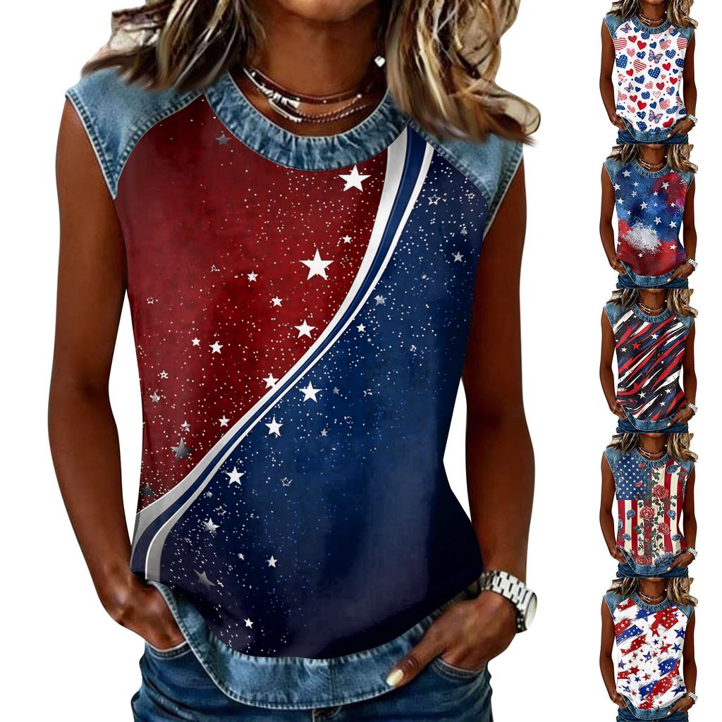 Women Sleeveless Pullover Tank Top Casual Round Neck Blouse Independence Day Print Shirt with Star Pattern and Abstract Design