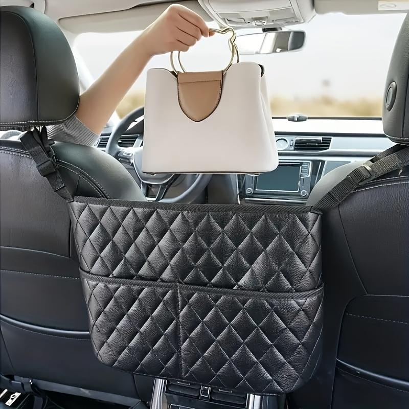 1 piece of quilted leather car seat back storage bag, large capacity with 3 pockets, waterproof, rectangular design