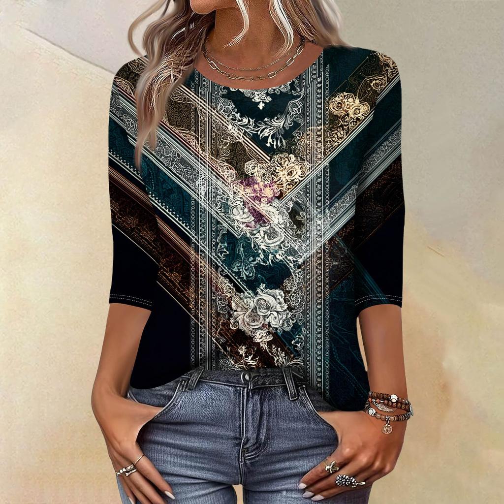 Trendy Vintage 3/4 Sleeve Top For Women,Ladies Casual Three Quarter Sleeve Round Collar Printed T-Shirt Blouse