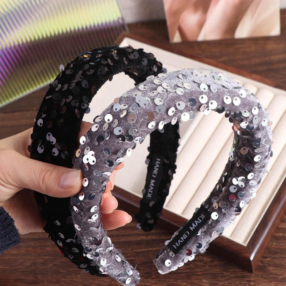 Solid Color Sequins Headband Wide Sponge Hair Band Fashion Wide Hairband  Girl