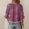 Women's Vintage Floral Print Blouse with Tie Neck and Ruffle Three-Quarter Sleeves