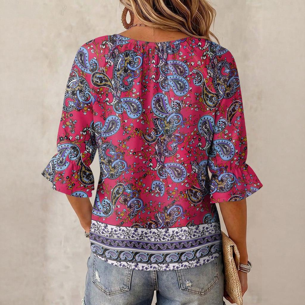 Women's Vintage Floral Print Blouse with Tie Neck and Ruffle Three-Quarter Sleeves