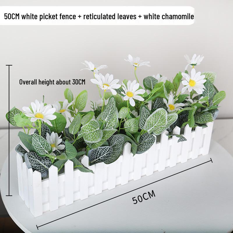 Silk Flower Pot with Wood Fence: Decorative Bonsai for Living Room or Office.