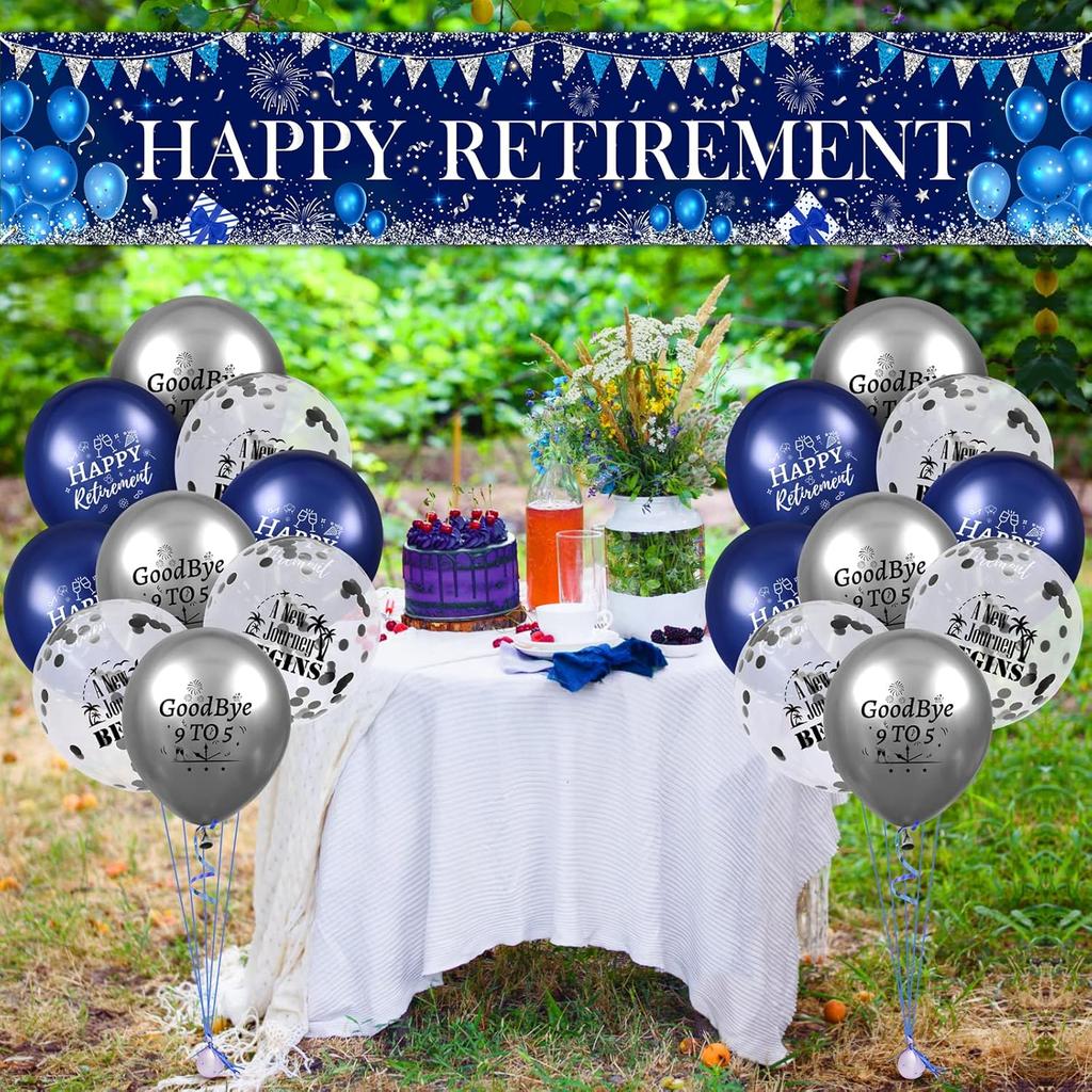 Happy Retirement Decorations Large Navy Blue Silver Happy Retirement Banner Yard Sign with 18 Pcs Retirement Balloons for Men Women Retirement Party