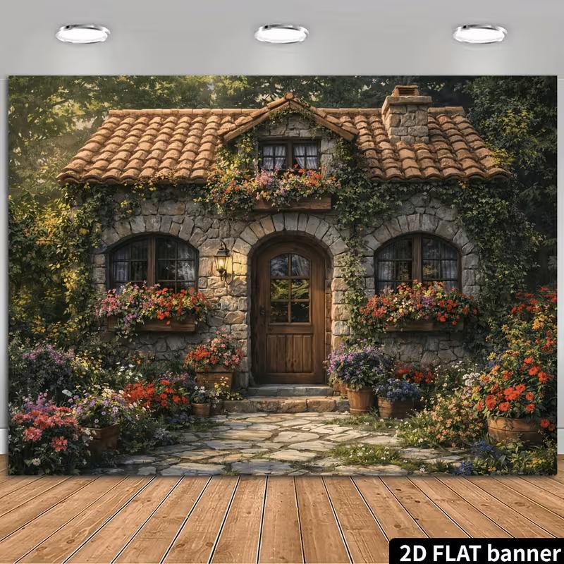2D Cozy Stone Cottage Garden Backdrop Photography Background 47.2x31.5inch/120*80cm