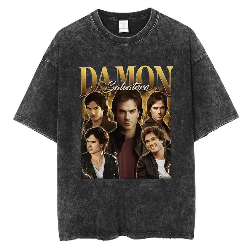 Damon Salvatore Grafica Vintage Lavata Maglietta Uomo Donna Abbigliamento Moda Harajuku T-Shirt Larga Oversize Manica Corta Magliette
