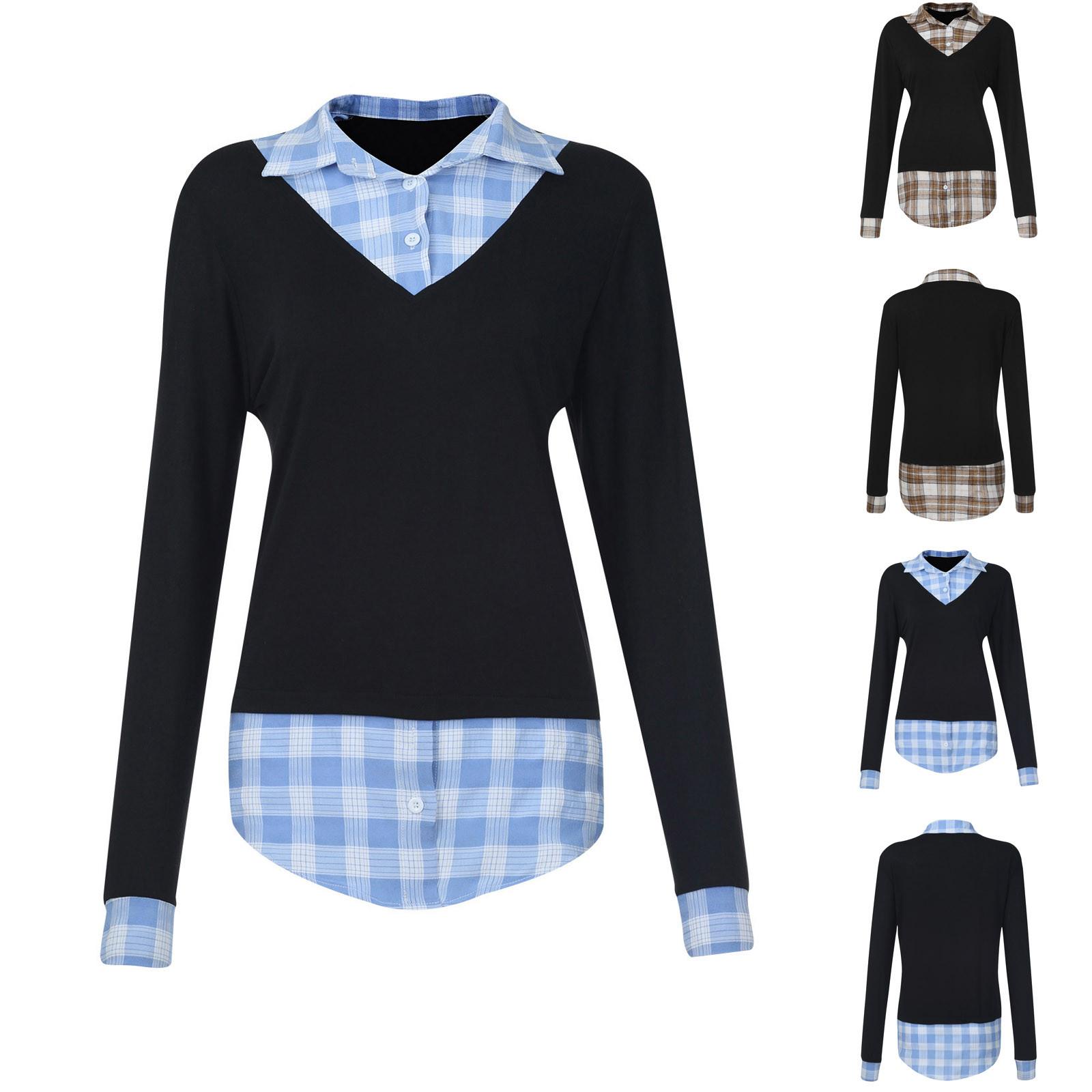 

Мода Женщины Поддельные Две части решетки Сшивание с длинными рукавами Все матчи Топы