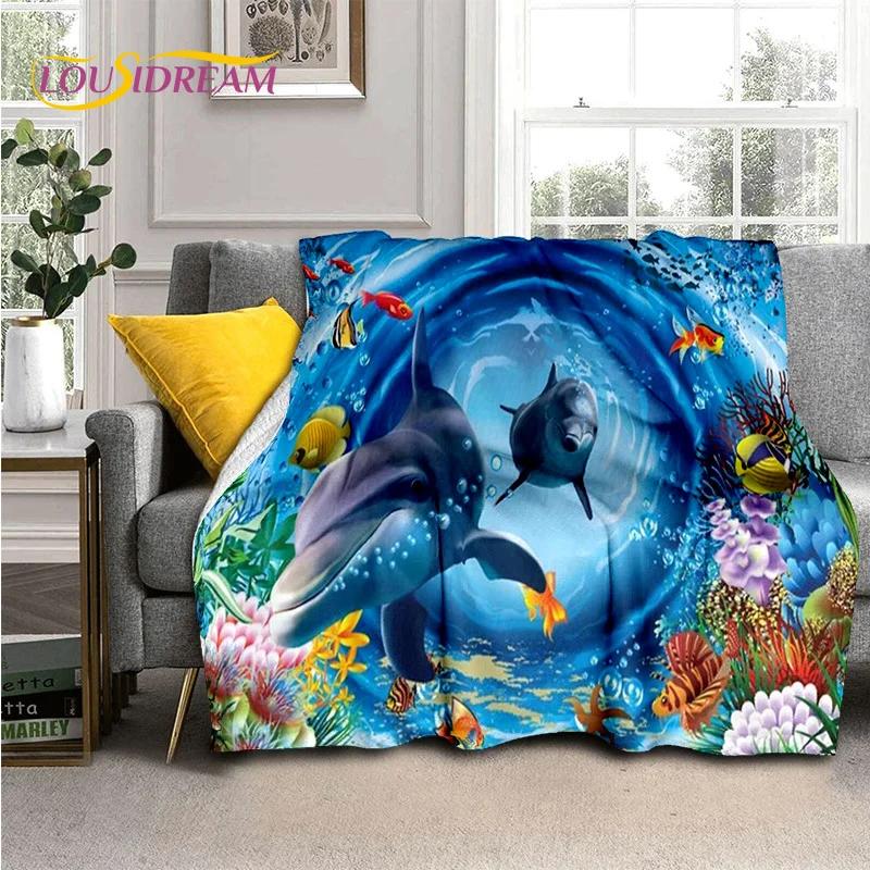 Underwater World 3D Illusion Seabed Cartoon Shark Dolphin Blanket,Soft Throw Blanket for Home Bedroom Bed Sofa Travel Cover Kids
