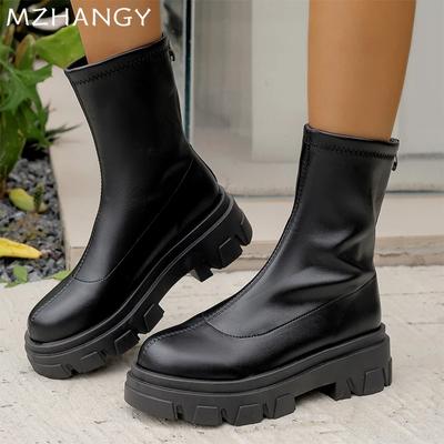 Mode Damen Leder Schneestiefel Plateau Flats Schuhe Frau 2025 Trend Mode Winter Warm Neu Kleid Knöchel Motorradstiefel Mujer Botas