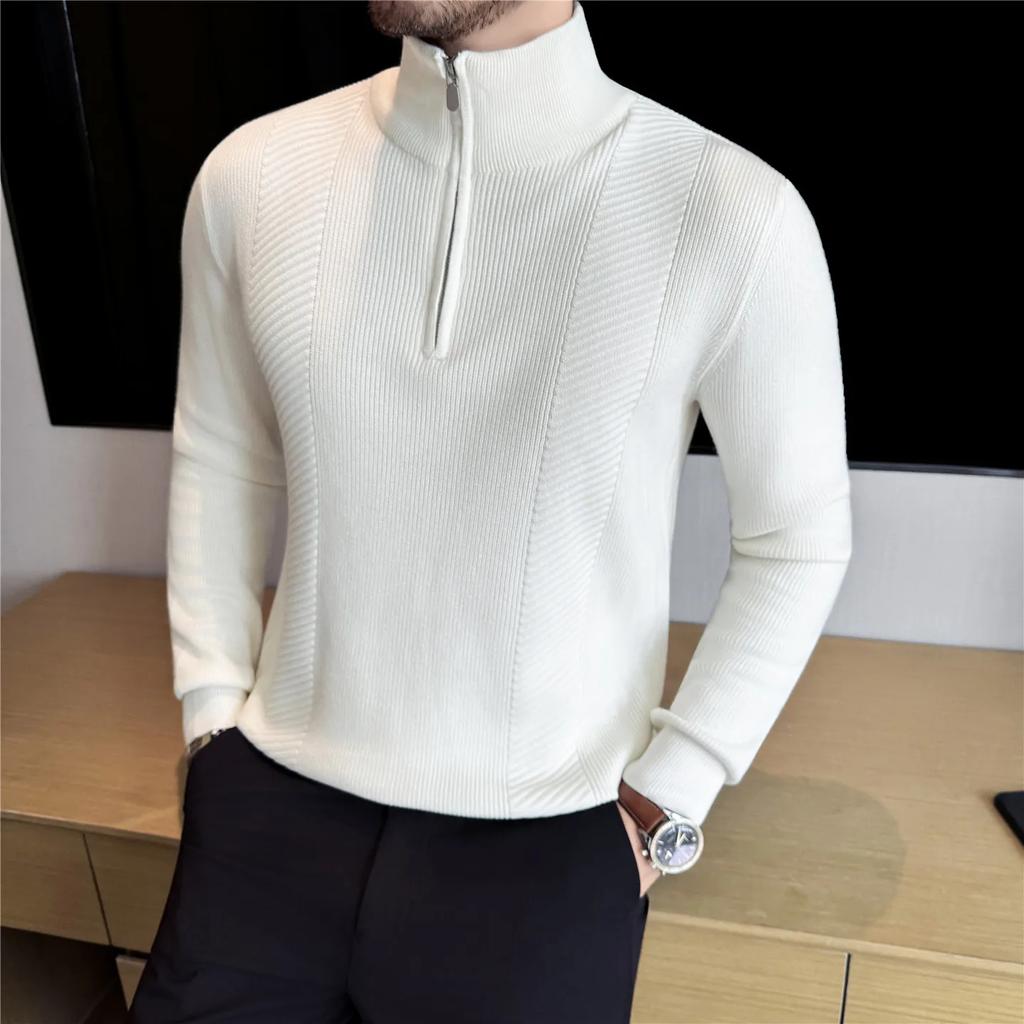 Autumn Winter Thick Striped Knit Pullovers Men Fashion Half Zipper High Quality Stand Collar Mens Slim Fit Warm Knitted Sweater