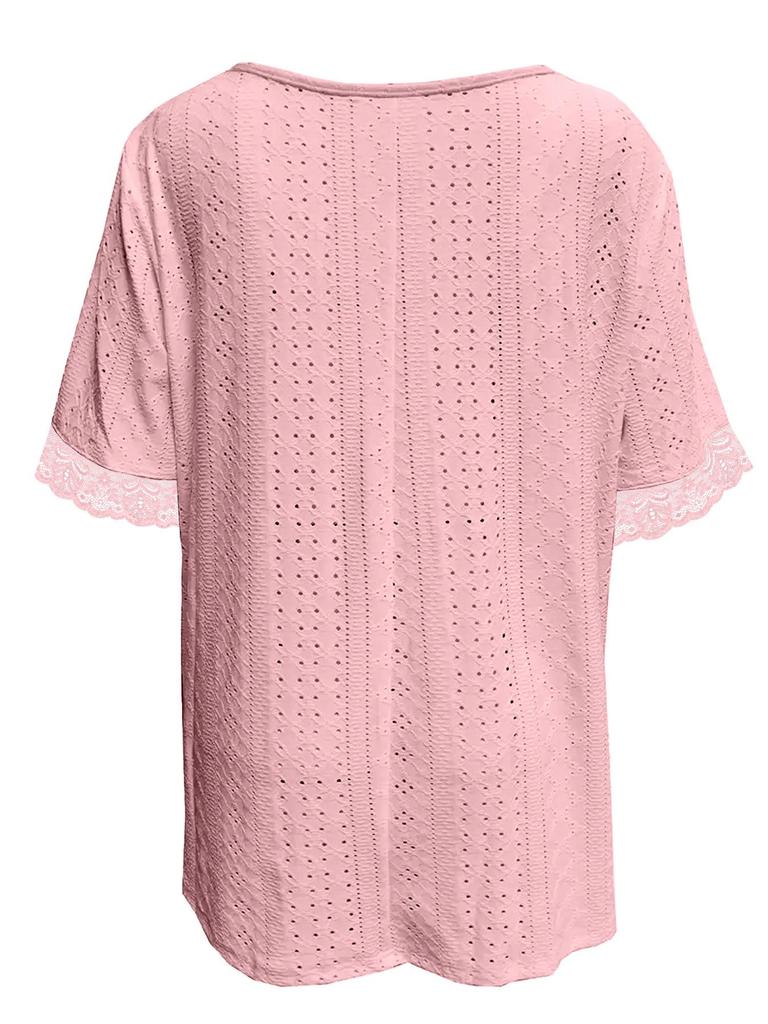 2025 European Women's V-Neck Lace Patchwork Knit T-Shirt