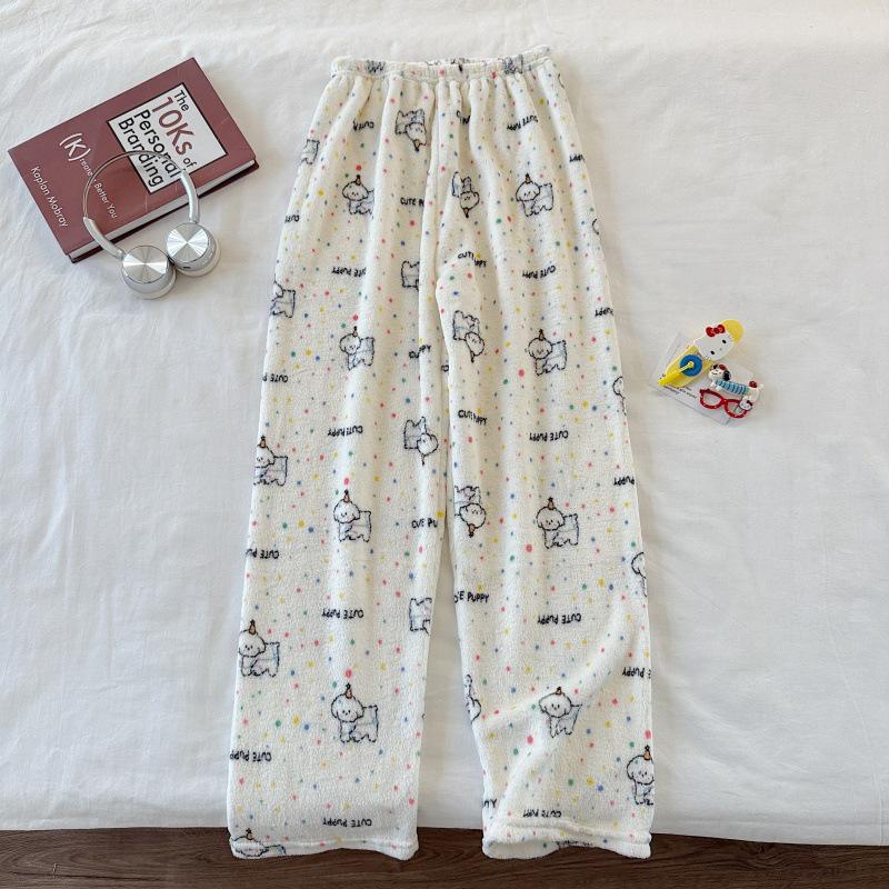 Hello Kitty Coral Fleece-Lined Flannel Pajama Pants for Women - Warm Autumn/Winter Style