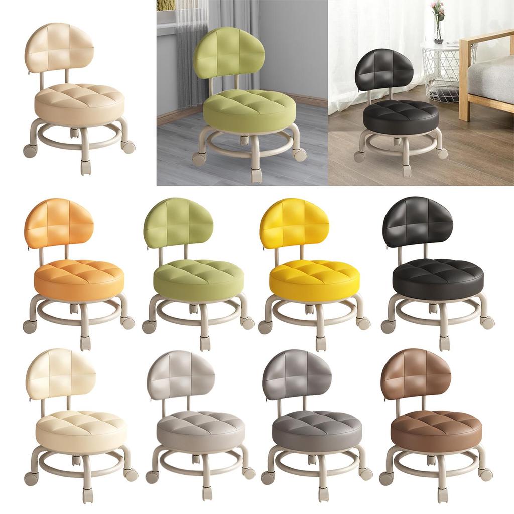 Low Round Rolling Stool PU Leather 360° Rotating Pulley Stool Roller Seat Short Stool for Home Library Office Garage Salon