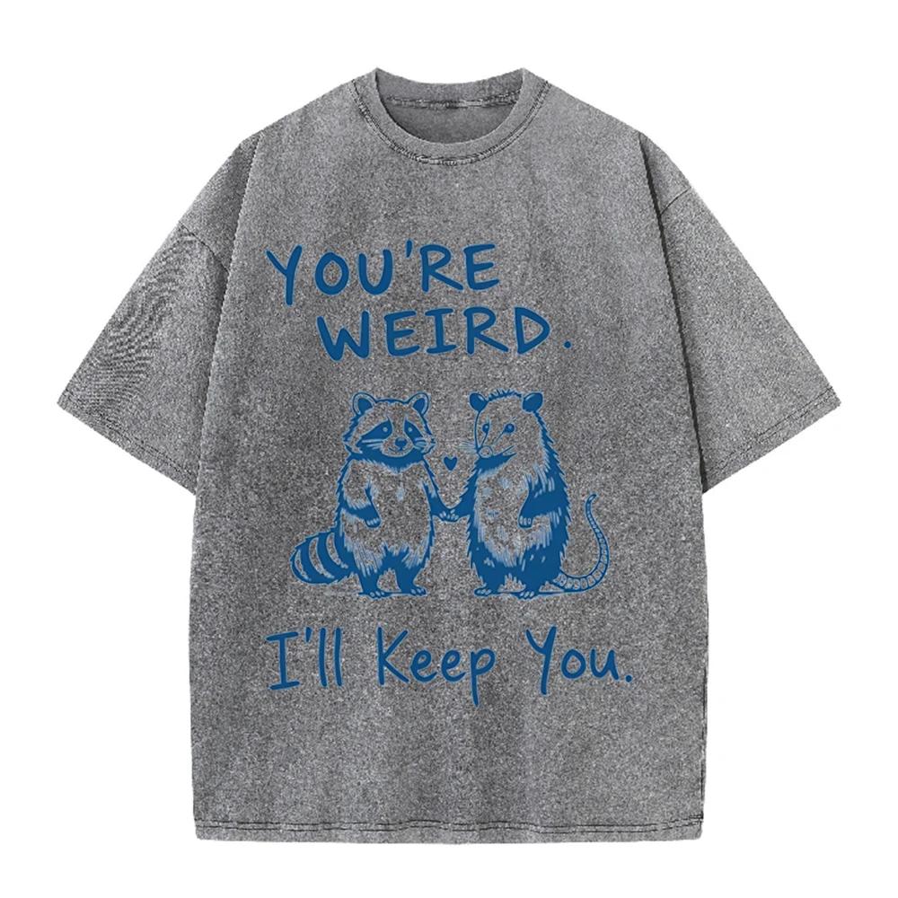 2026 Vintage Washed Beige Raccoon Opossum Hand Hold Heart Graphic T Shirt Funny Couple Slogan Print Oversized Unisex Casual Shor