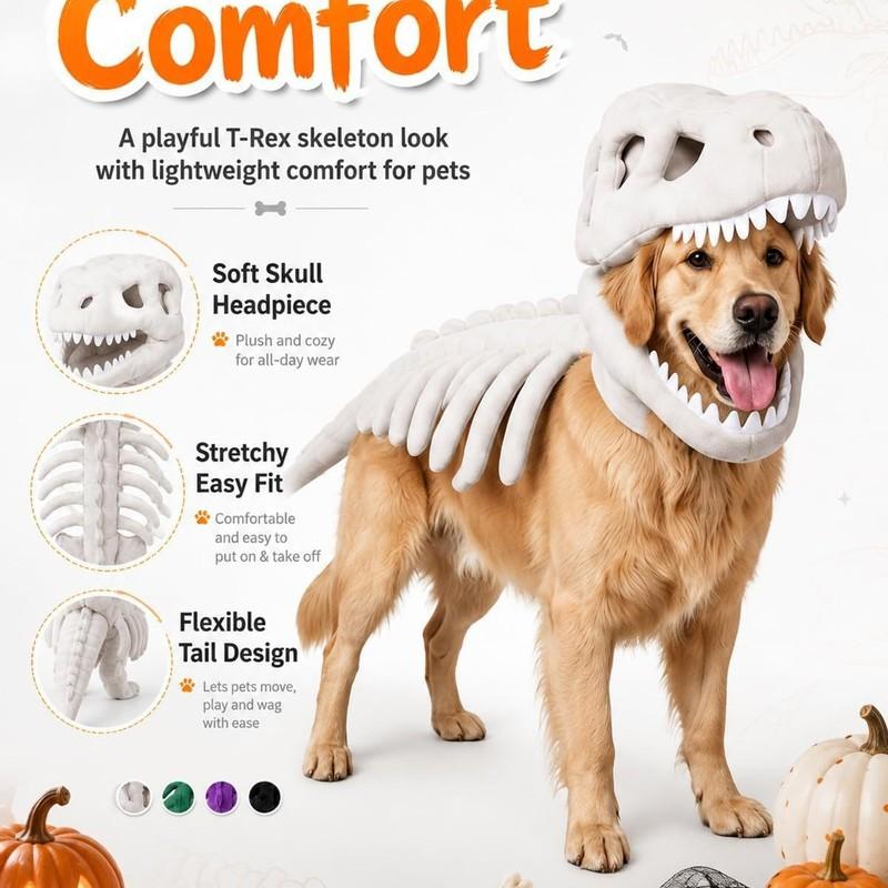 Pets Dinosaur Skeleton Costume Halloween Cat Outfit Halloween 3D Horror Hood Clothes Headwear Cat Dog Party Dress up Accessories