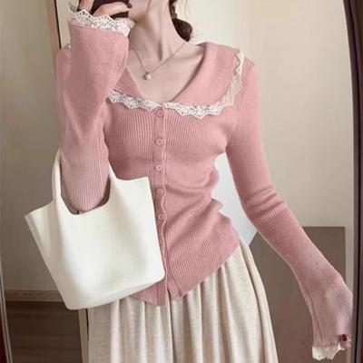2025 Fall Women Long Sleeve Cardigan Casual V-neck Knitted Top Autumn Slim Fit Korean Style Sweet Lace Sweater Elegant Solid Color Knitwear Clothing