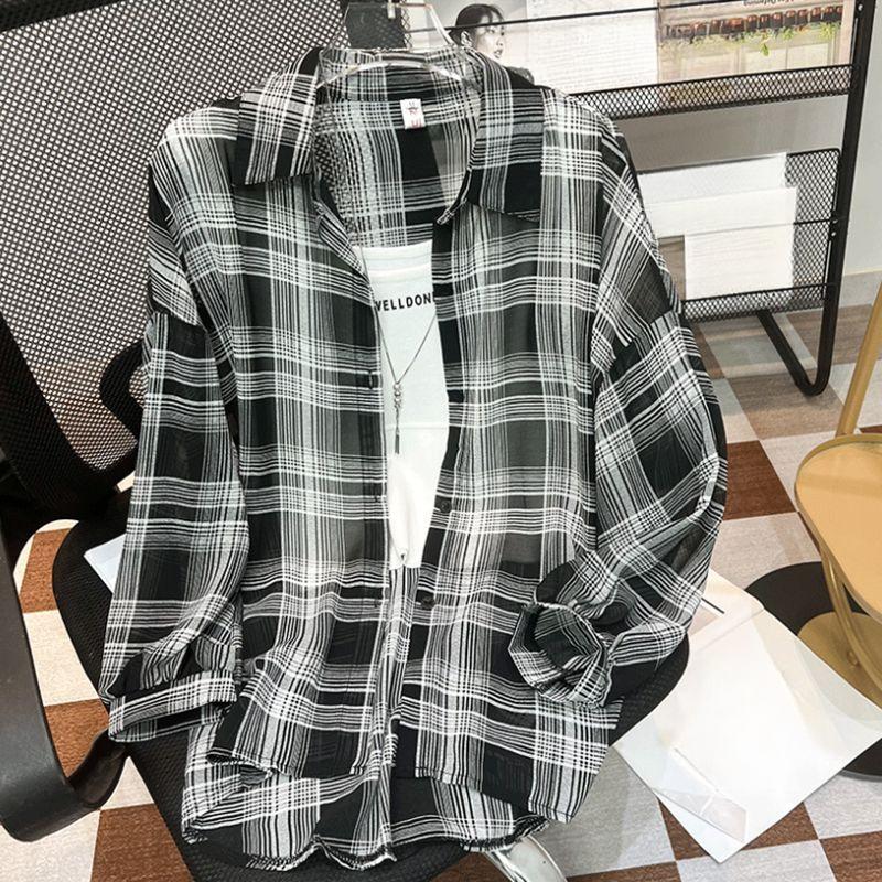 Womens Summer Checkered Shirt Breathable Long Sleeve Chiffon Blouse Lightweight Open Front Top Outerwear