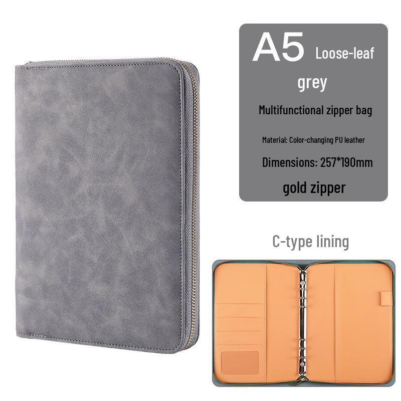 Zippered Binder Notebook - Creative Simple Business Design, Faux Leather Meeting Minutes Book, Available in A5, B5, A6 Sizes.