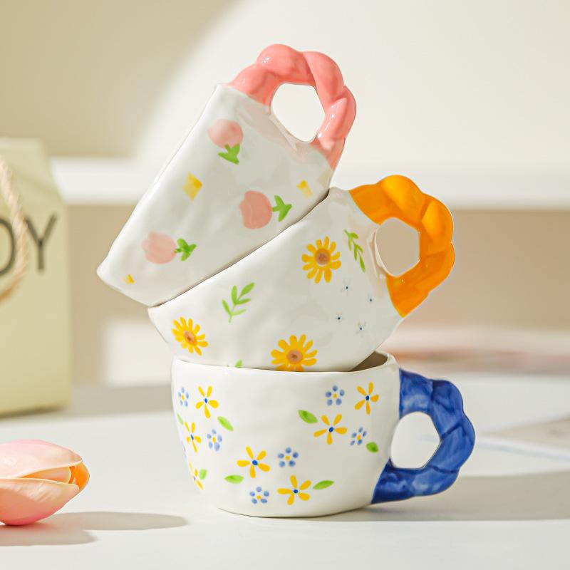 Retro Hand Painted Flowers Handmade Irregular Cute Cup Ceramic Coffee Cup Design Sense Coffee Cup Household Water Cup