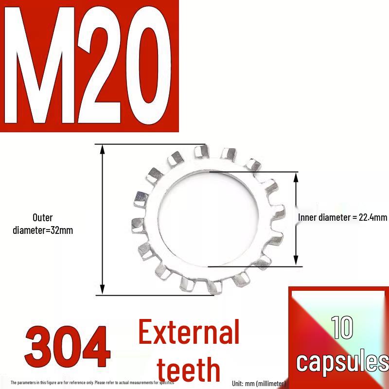 304 Stainless Steel External & Internal Tooth Lock Washer, Anti-Slip, Anti-Loosening, Size M6-M30