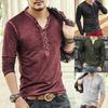 Langarm Herren T-Shirt Einfarbig Lässig V-Ausschnitt Dünne Knöpfe T-Shirt Herrenbekleidung