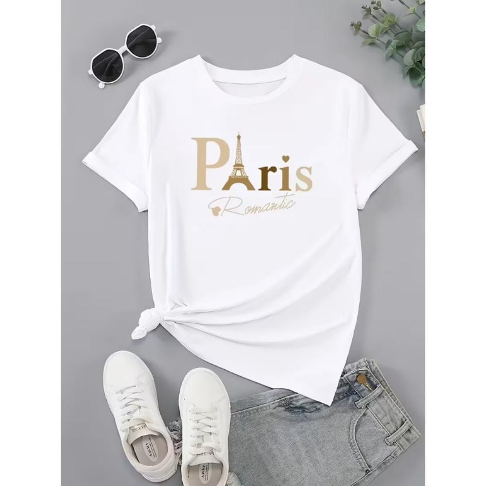 Paris Eiffel Tower Graphic T-Shirt Women’s Crew Neck Short Sleeve Tee Leopard Letter Floral Paris Print for Daily Wear