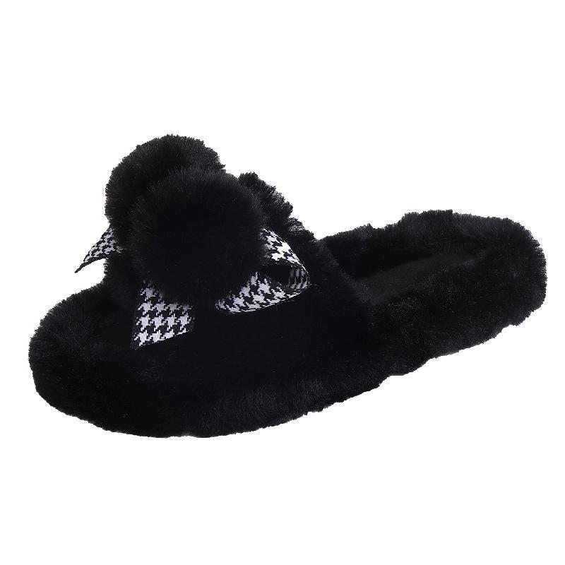 Hairball thick-soled cotton slippers for women's wear new autumn and winter 2025 warm home solid color one-word fluffy slippers