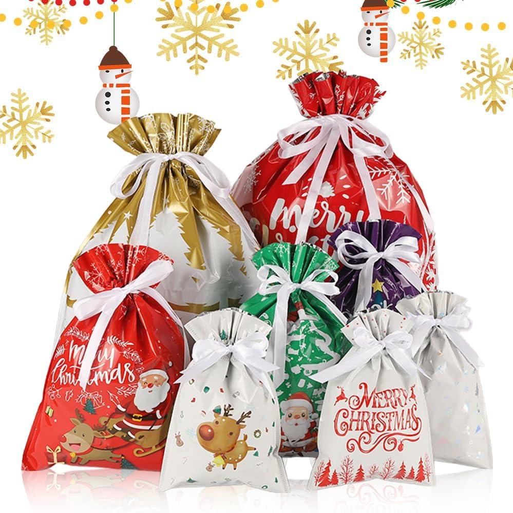 24pcs Drawstring Christmas Gift Bags Foil Gift Bags Durable Decorative Gift for Kids Holiday Celebrations
