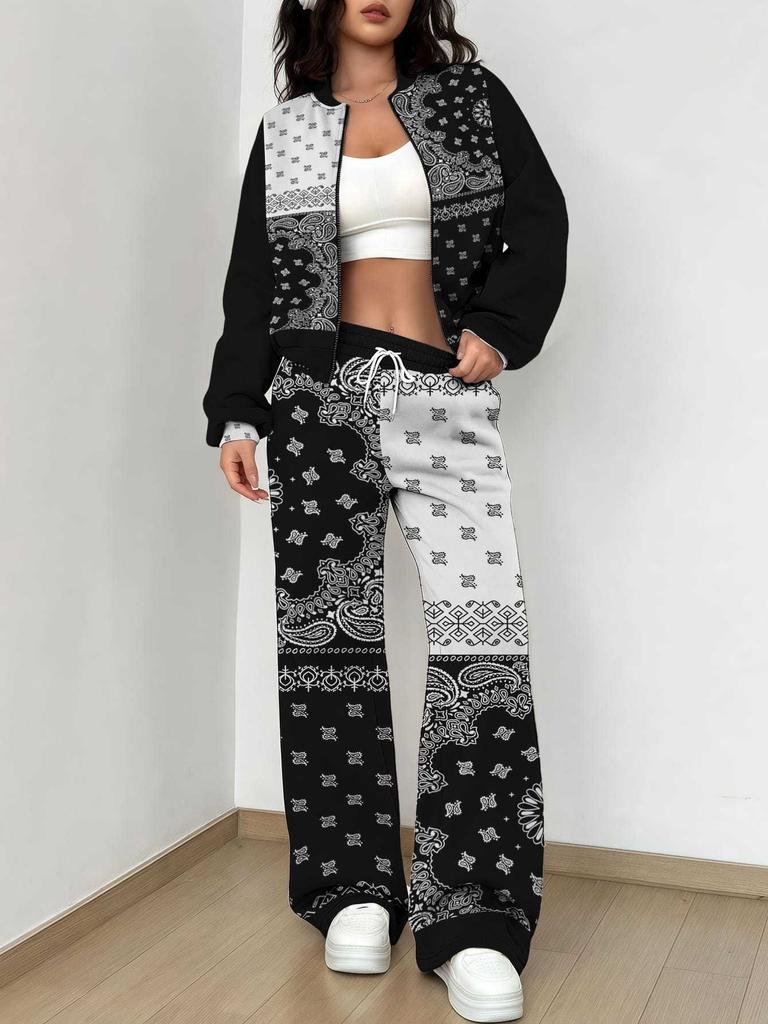 Splicing Autumn and Winter New European and American Women's Clothing Retro Pattern Printing Suit Women