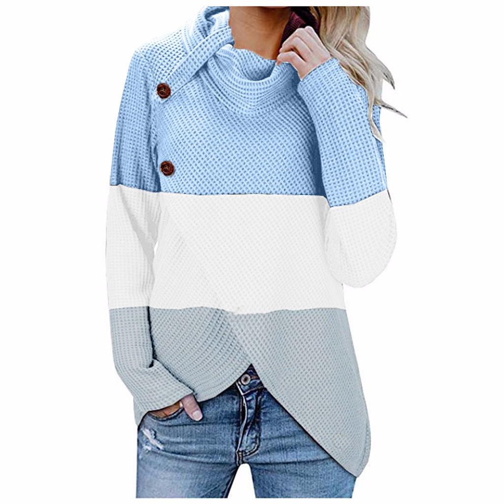 Womens Color Block Cowl Neck Button Chunky Knit Irregular Hem Jumper Pullover S синий