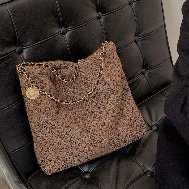 Large Capacity Brown Tweed Tote Bag with Chain Strap Minimalist Style Commuting and Daily Use Durable Handle Shoulder Bag KTY
