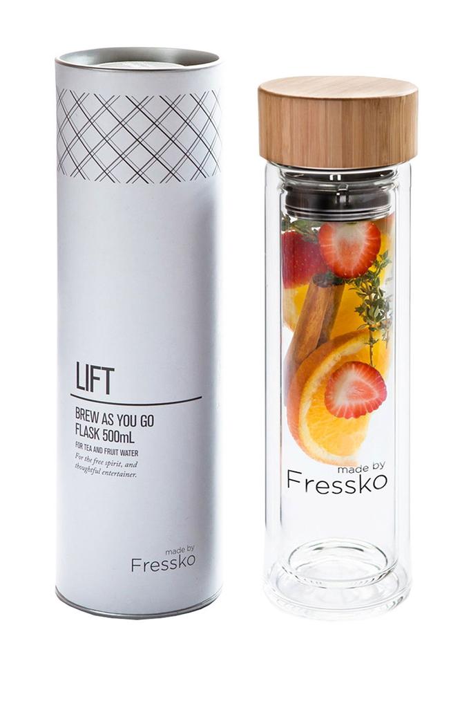 Made by Fressko Lift Infuser Glass Flask, Filter-in Bottle with Tea Strainer, Heat-Resistant Glass, 500ml 16oz