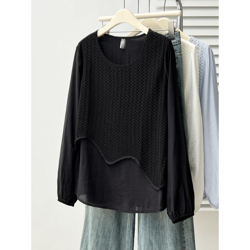 Plus Size Irregular Hollow Out Spliced Fake Two Piece Long Sleeve T Shirt Top For Women