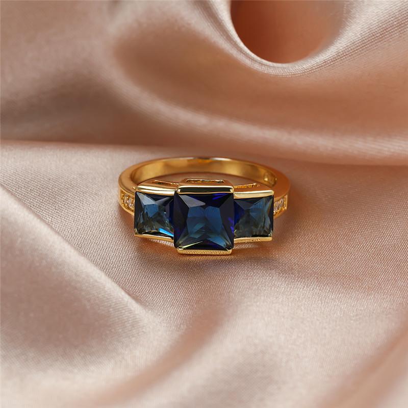 Luxury Female Crystal Blue Stone Big Yellow Gold Color Wedding Jewelry For Women Vintage Bride Square Engagement Ring