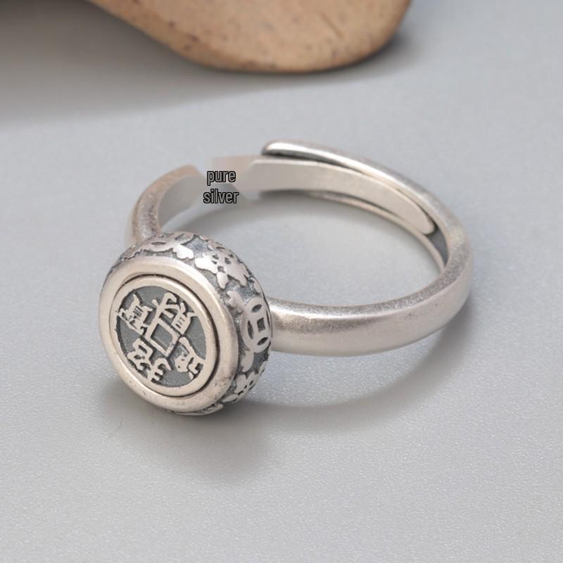 999 Sterling Silver Rotatable Adjustable Ring - Retro Aged Simple Design