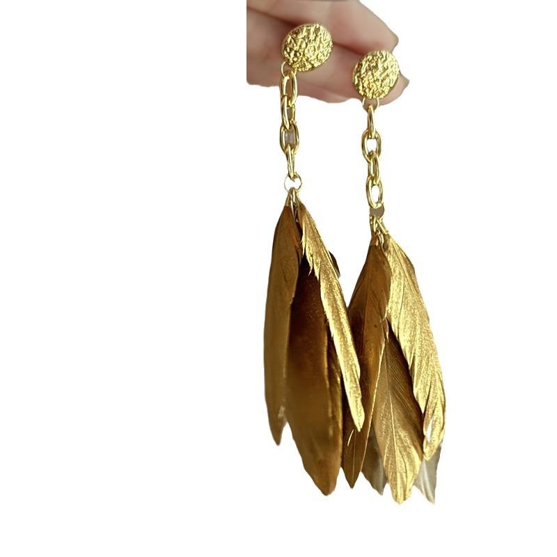 Silver needle round feather earrings simple high-end long earrings Bohemian retro temperament earrings women