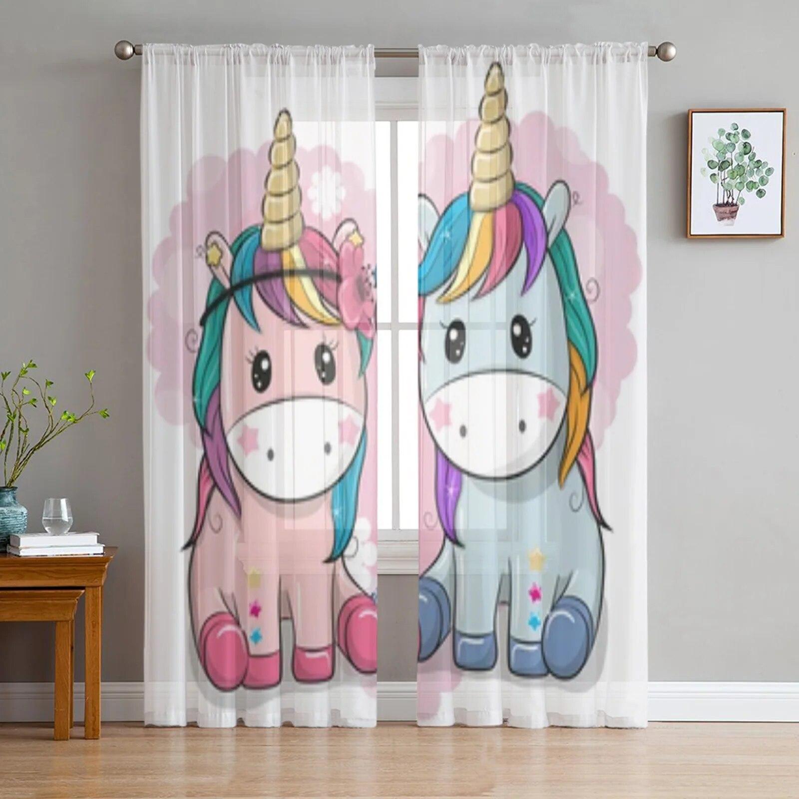 

Прозрачные шторы с изображением животных и единорога для гостиной, спальни, тюлевые шторы, кухонные оконные шторы, панельные шторы 135W x 114H(cm)