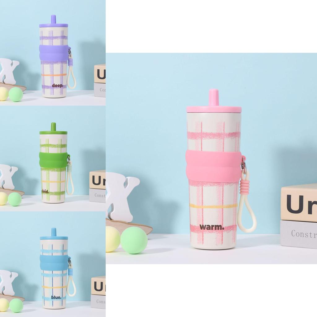 Letter Print Plaid Large Capacity Stainless Steel Insulated Cup Straw With
