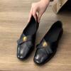 Cowhide version~ retro shallow mouth small leather shoes gold coin square head low heel grandma shoes one pedal black single shoes loafers
