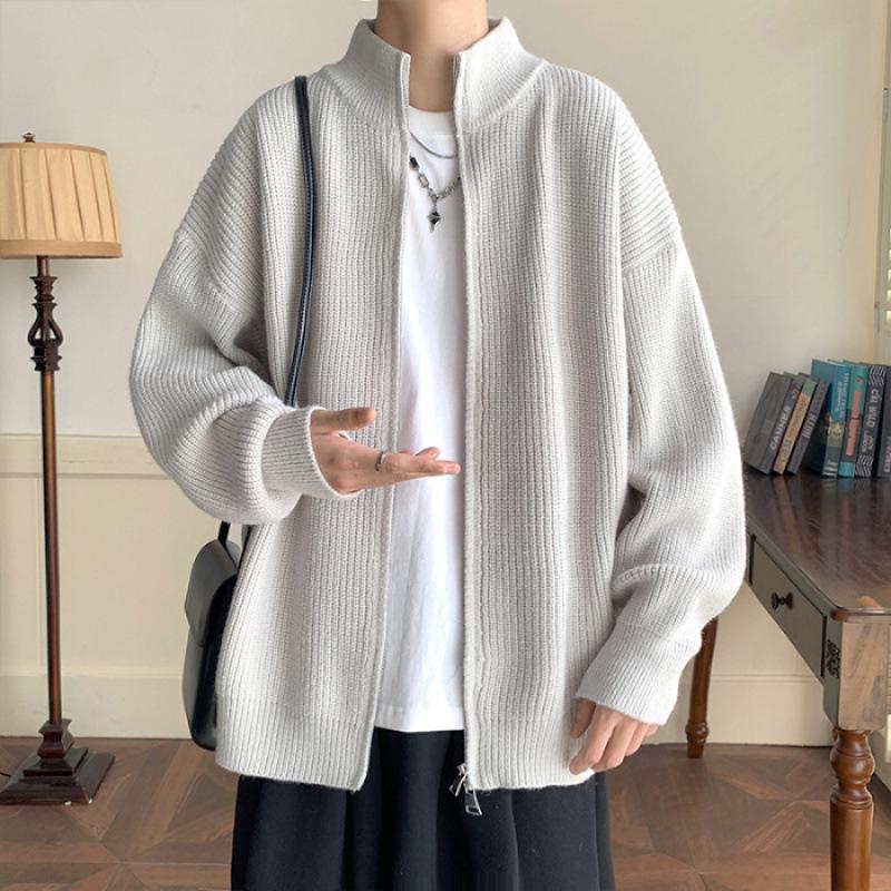 Men's Autumn Knit Cardigan - Loose Casual Stand Collar Jacket with Long Sleeves and Half High Collar Zipper.