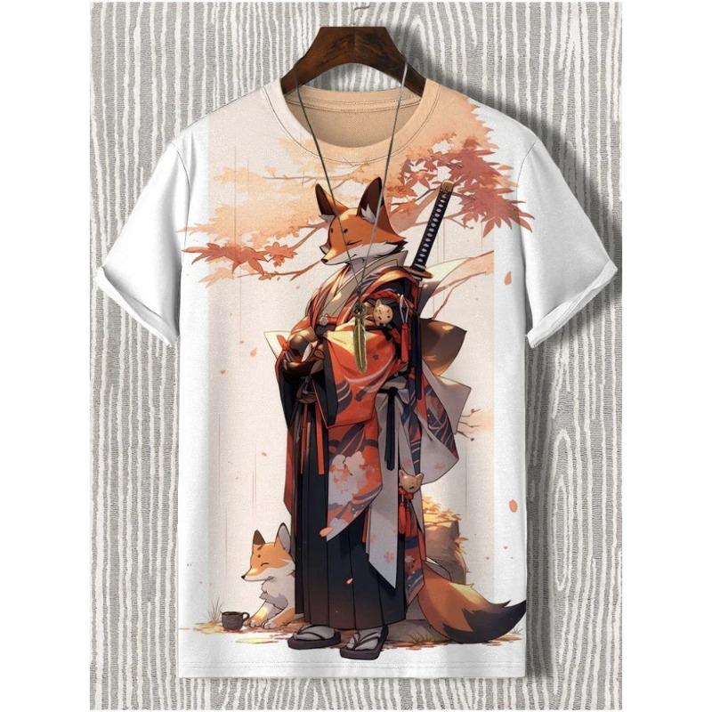 Men's T-Shirt Japanese Style Samurai Cat Graphic 3D Printed T-Shirt Casual Short Sleeved Tee Outdoor Oversized Men Clothing Tops